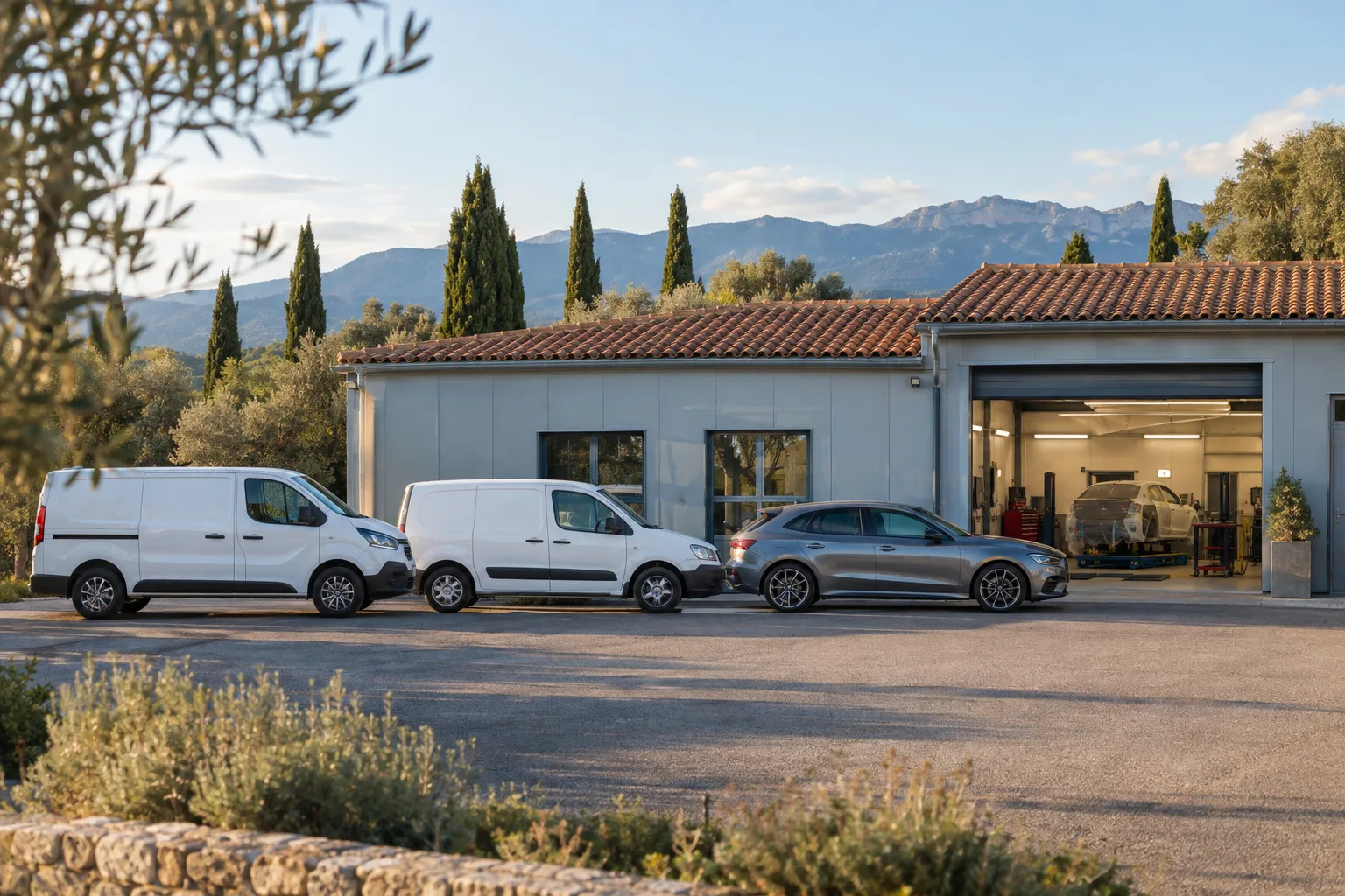 Parking d'une zone d'activité provençale : bâtiments bas aux murs gris clair, quelques véhicules garés en ligne, cyprès et oliviers et un relief lointain en fond.