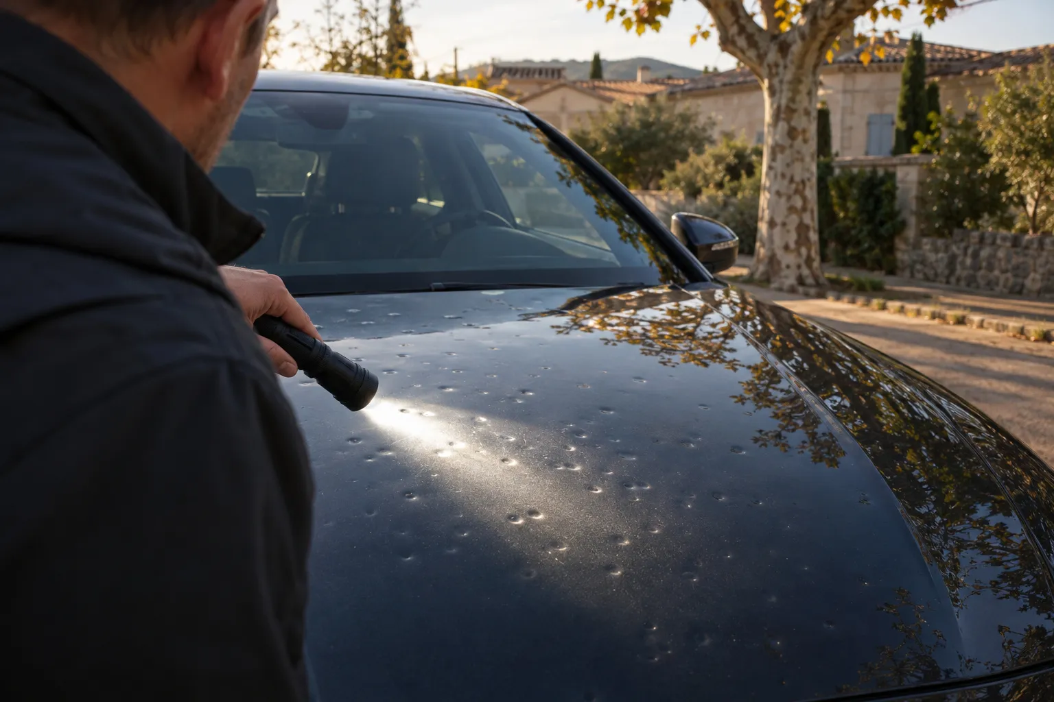 Un expert, de dos, éclaire de biais un capot criblé d'impacts de grêle pour les compter, dans une rue résidentielle.